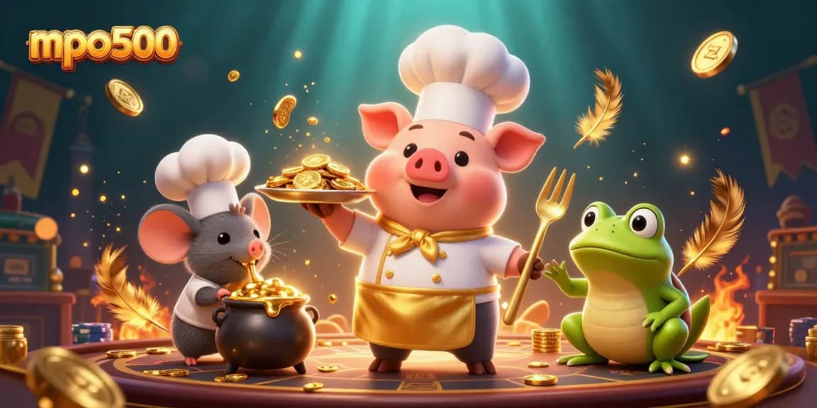 Experience mpo500's thrilling casino atmosphere, featuring a chef pig, tasting mouse, and critic frog.