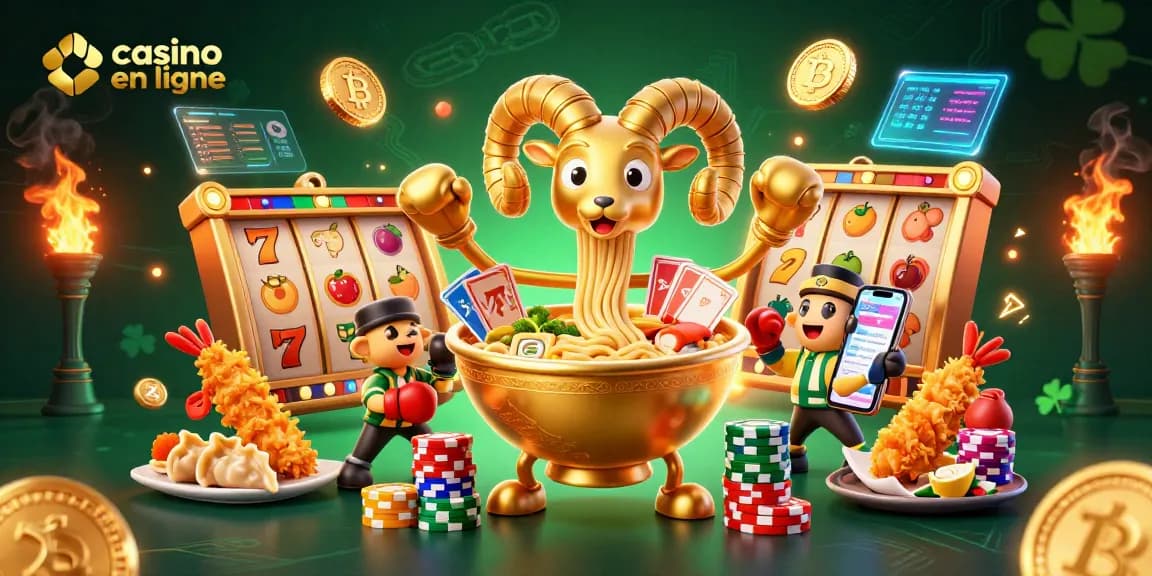 Jouer au casino en ligne avec un bol de ramen géant et des personnages animés entourés de machines à sous et de crypto-monnaies