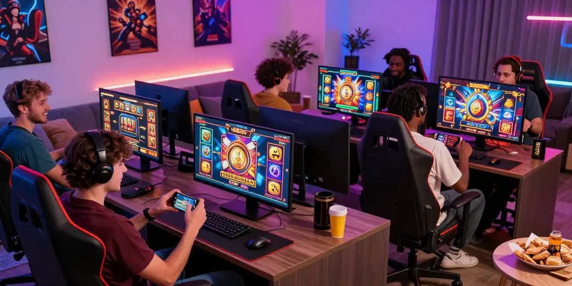 Exciting scene of diverse players enjoying situs gacor online slots in a vibrant gaming setup at home.