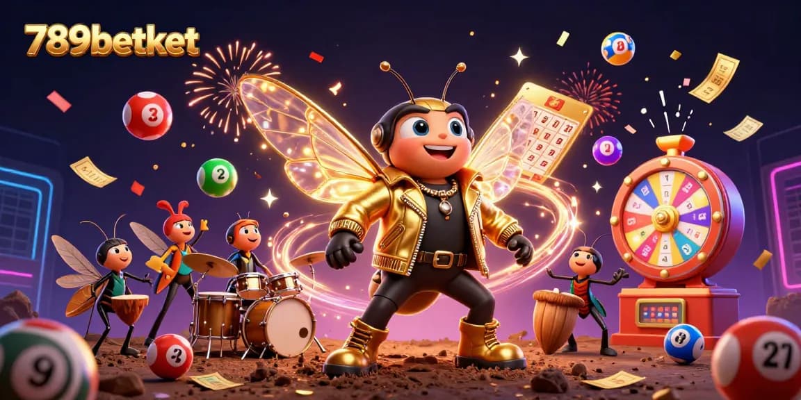 Engage with exciting games at 789betket amid colorful lottery elements, celebrating wins in a dynamic 3D scene.