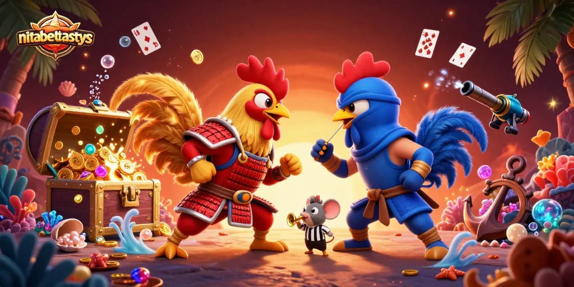 Menangkan hadiah di nitabeestastys dengan ilustrasi ayam bertarung yang dramatis dan bersinar dengan koin emas.