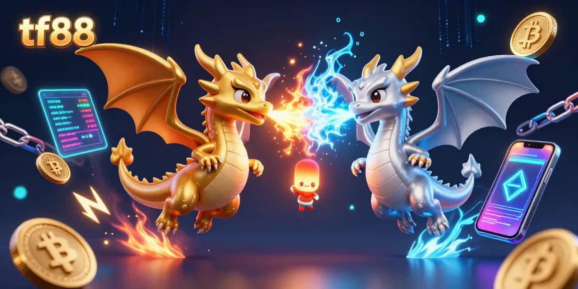 Win big with tf88's action-packed gaming scene featuring dragons, crypto coins, and vibrant casino elements.
