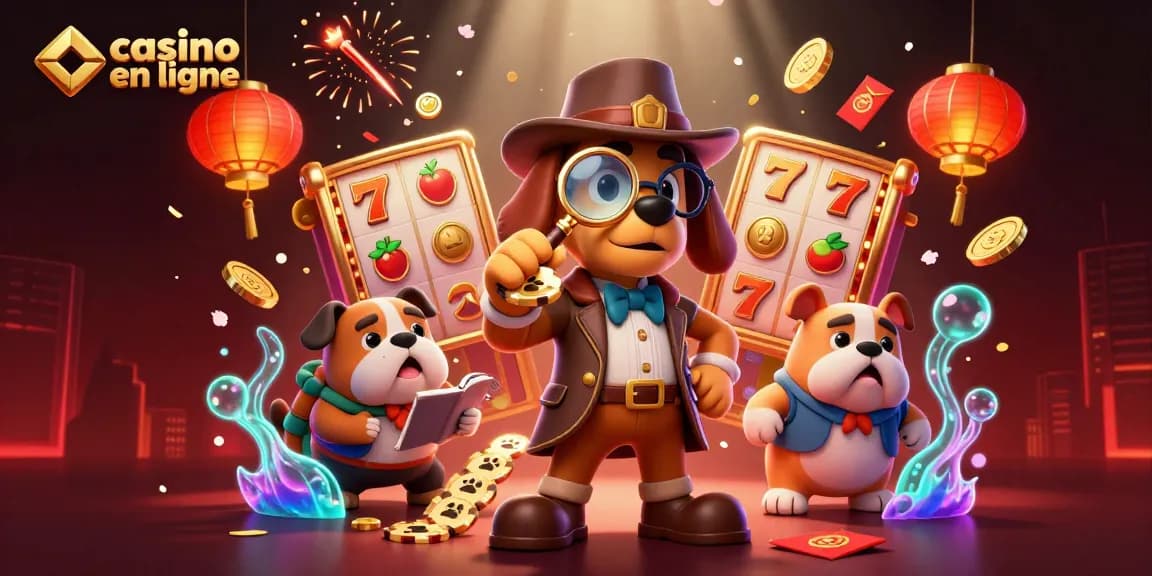 Jouer au casino en ligne avec des personnages détectives et des jetons de poker en arrière-plan.