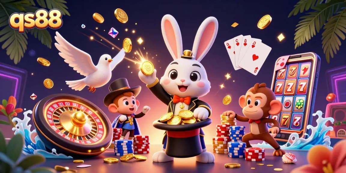 Join the magic at qs88 with a rabbit pulling golden coins, lively poker chips, and fluttering doves.