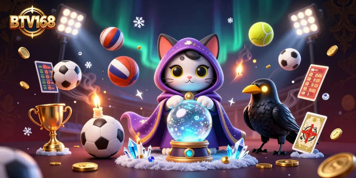 BTV168 showcases an engaging sports betting scene with a mystical cat and raven amidst dynamic game elements.