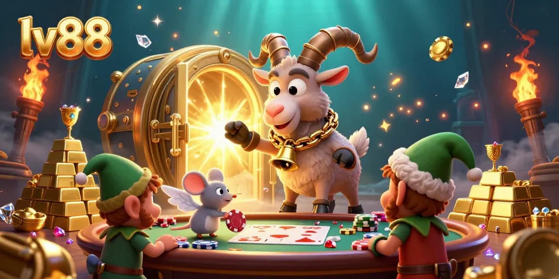 lv88 players enjoy a vibrant casino scene featuring a Krampus goat managing games with angels and gremlins.