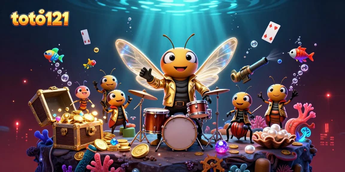Engage with the vibrant scene of toto121, showcasing a cicada rock star amidst gold coins and colorful gems.