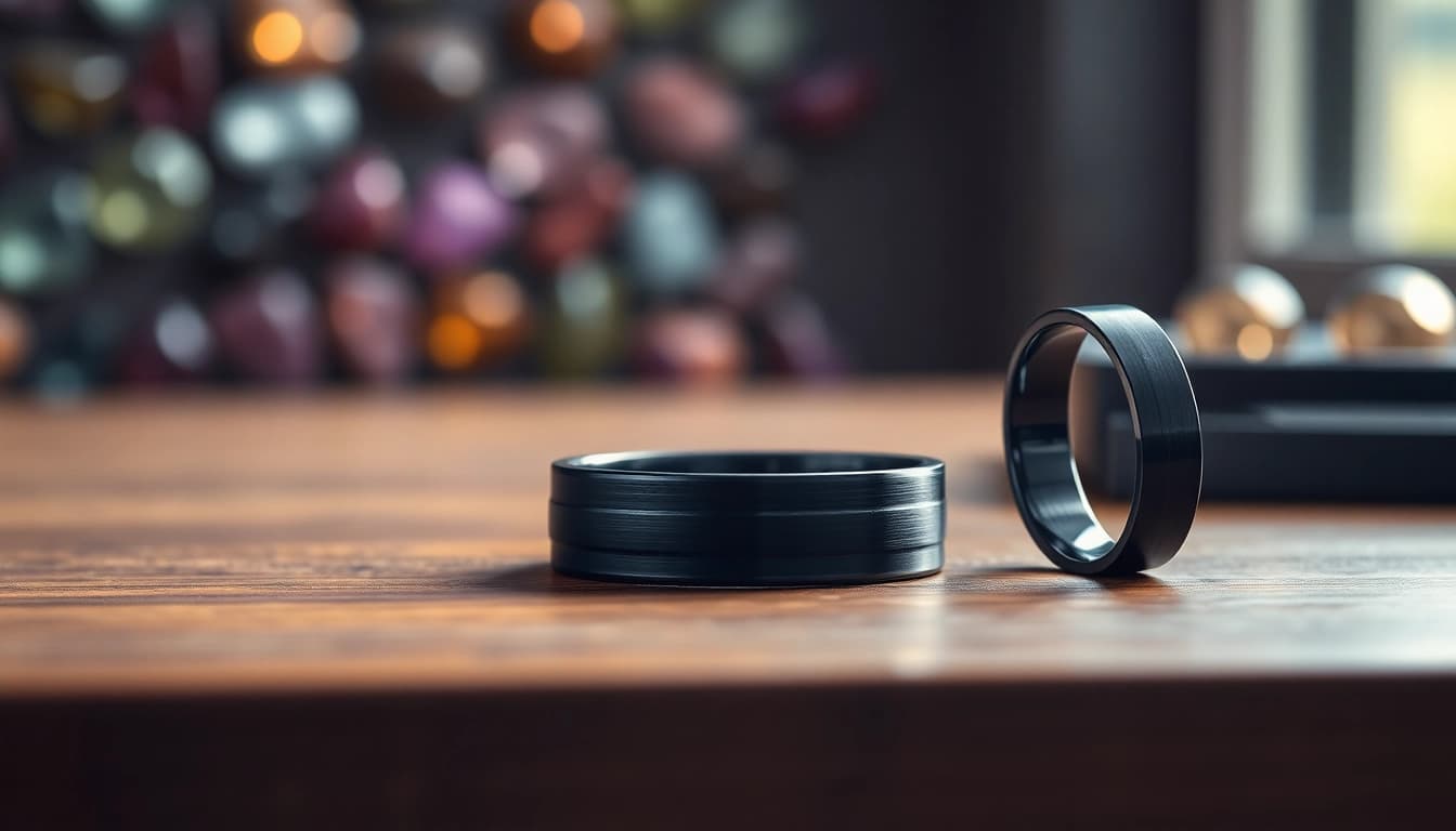 Elegant Black Zirconium Rings showcased on polished wood, highlighting their unique finishes and craftsmanship.