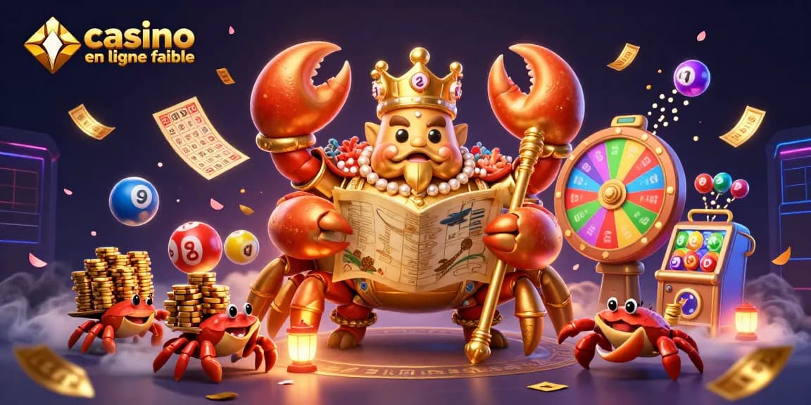 Jouez sur un casino en ligne fiable avec le crabe roi entouré de ballons de loterie et des éléments de jeu.