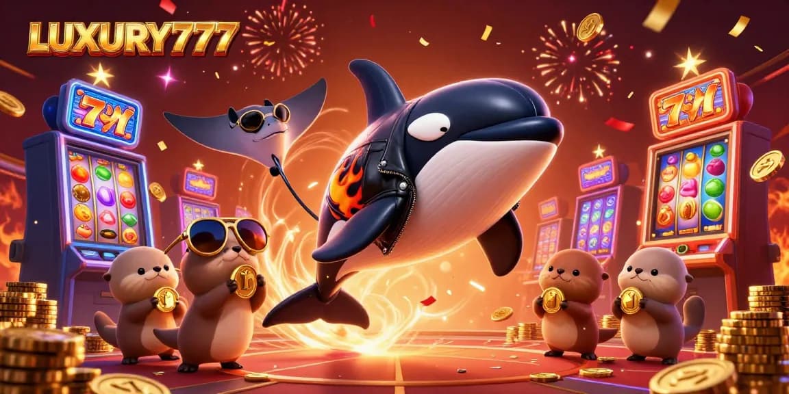 LUXURY777 menciptakan suasana kasino dengan ikan orca, stingray, dan keluarga berang-berang emas dalam ilustrasi 3D yang hidup.