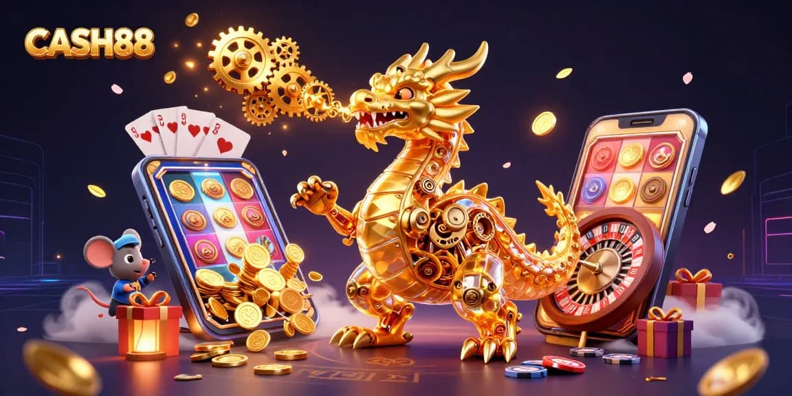 Engage with CASH88's thrilling casino experience through a golden dragon, slot games, and poker chips.