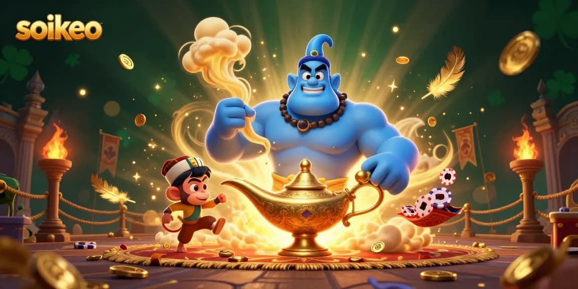 Engage with soikeo's dynamic gaming scene featuring a genie and poker chips for ultimate betting excitement.