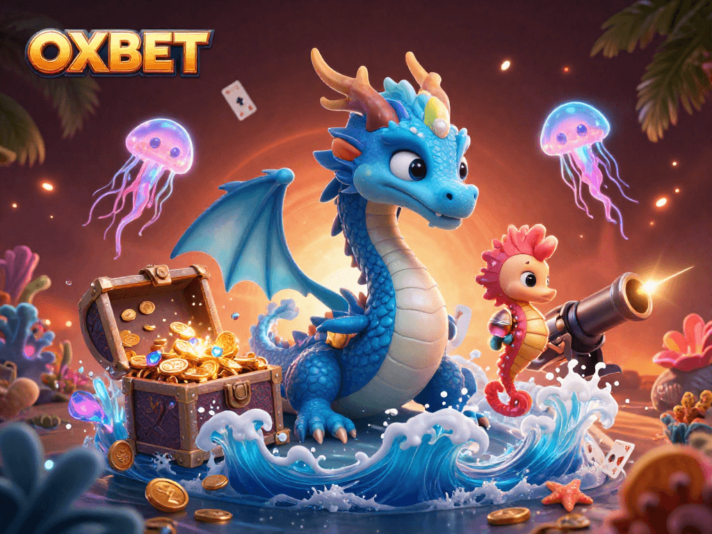 Engage with OXBET in this vibrant underwater casino scene featuring a dragon and gaming treasures.