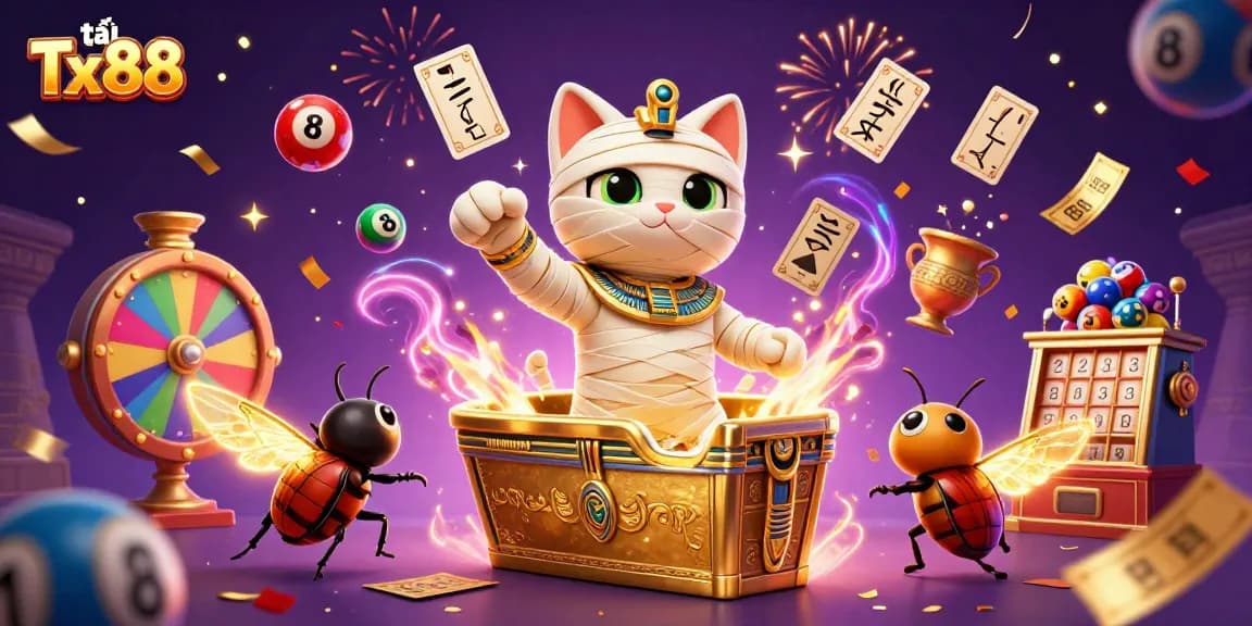 Engage in dynamic gaming action at tại Tx88 with a vibrant casino scene featuring a mummy cat and lottery elements.