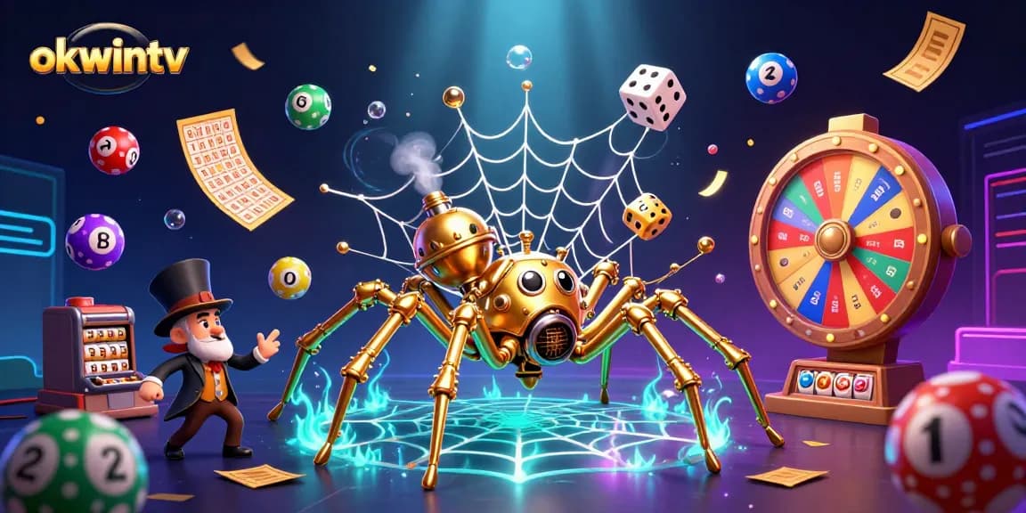 Experience the thrill of okwintv with dynamic casino-themed illustration showcasing a steampunk spider and vibrant game elements.