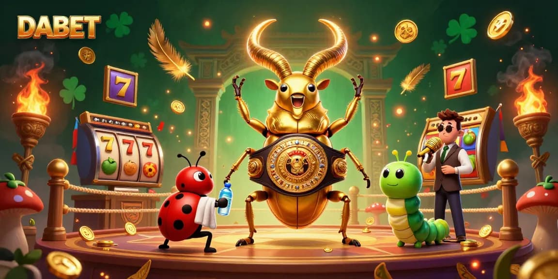 DABET showcases a dynamic casino scene with a golden beetle champion, vibrant slot game elements, and energetic ambiance.