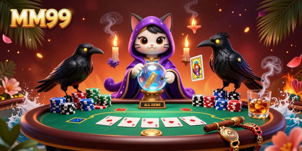 Engage in thrilling MM99 poker action with a mystic cat and glowing raven amidst a vibrant casino scene.