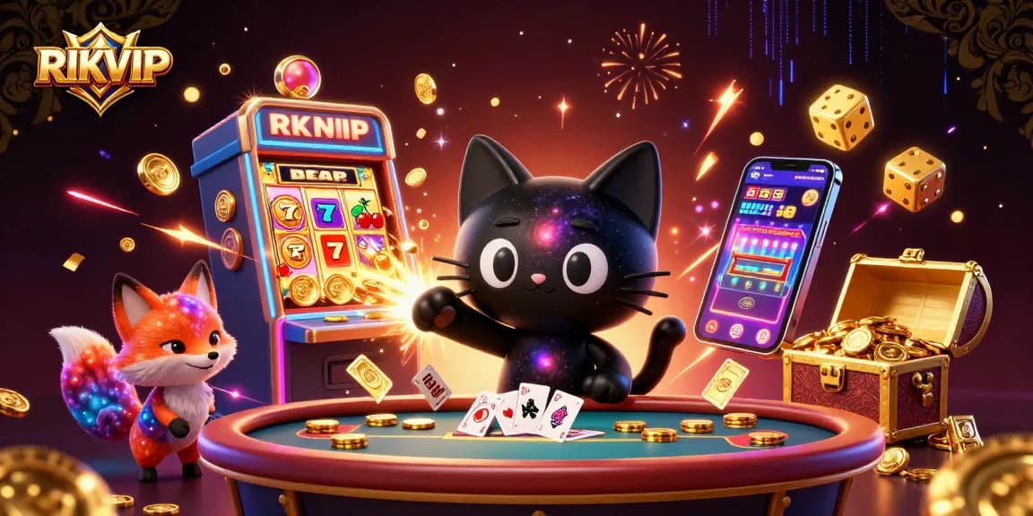 Experience RIKVIP with exciting casino games in a vibrant cosmic atmosphere, showcasing a black hole cat and colorful elements.