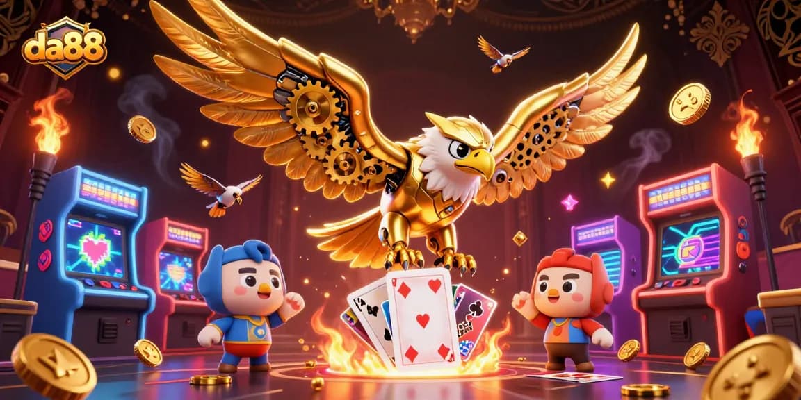Engage in thrilling bets with da88, featuring a cybernetic eagle amidst glowing casino elements.