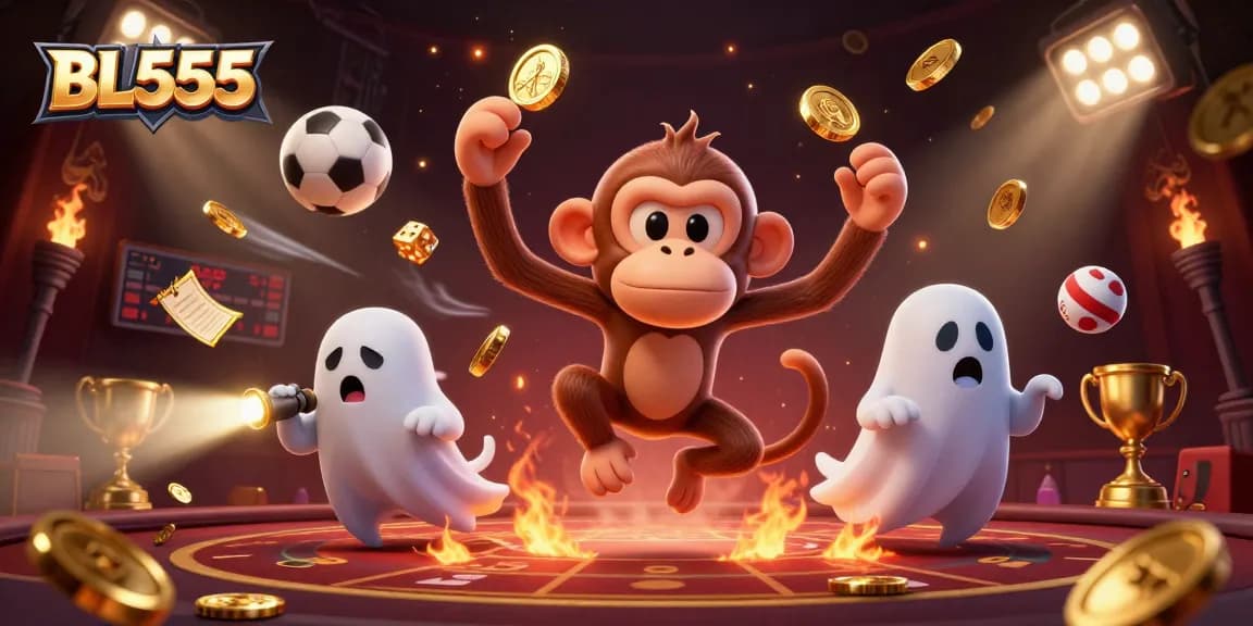 Experience the excitement of BL555 with a poltergeist monkey juggling golden casino treasures.