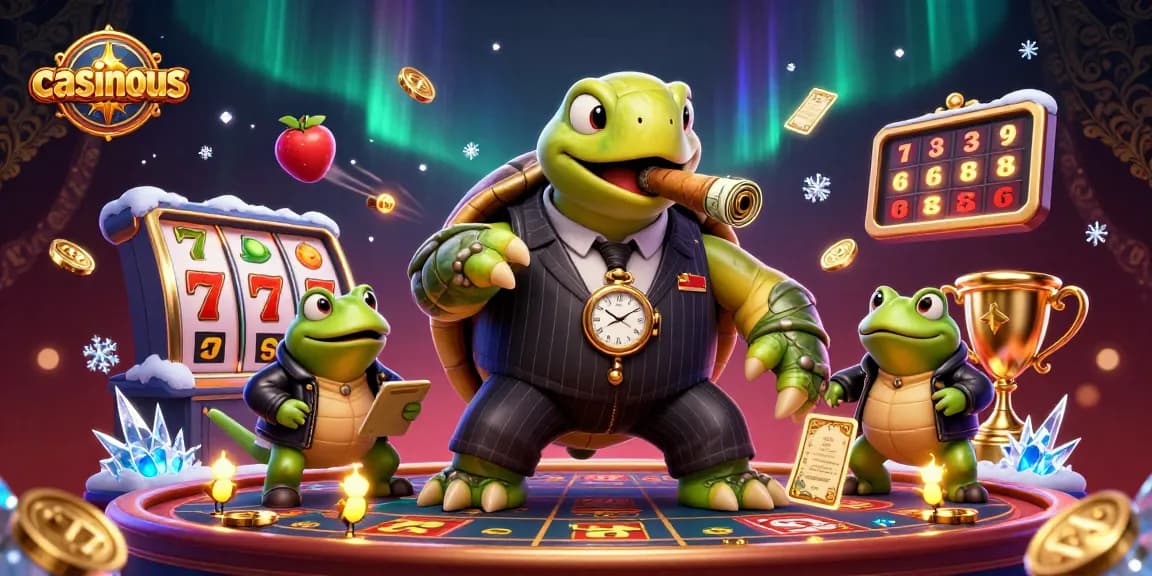 Experience thrilling gameplay at casinous with a captivating gambling scene featuring a cartoon turtle mobster.