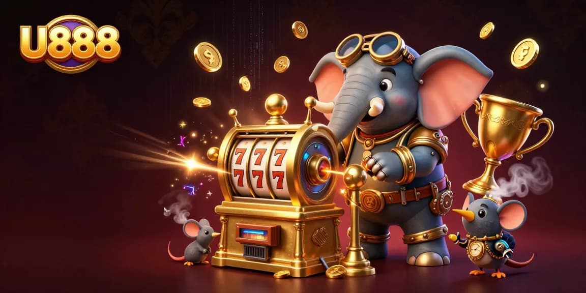 U888 showcases an exciting scene with a steampunk elephant operating a golden slot machine, surrounded by dynamic action.