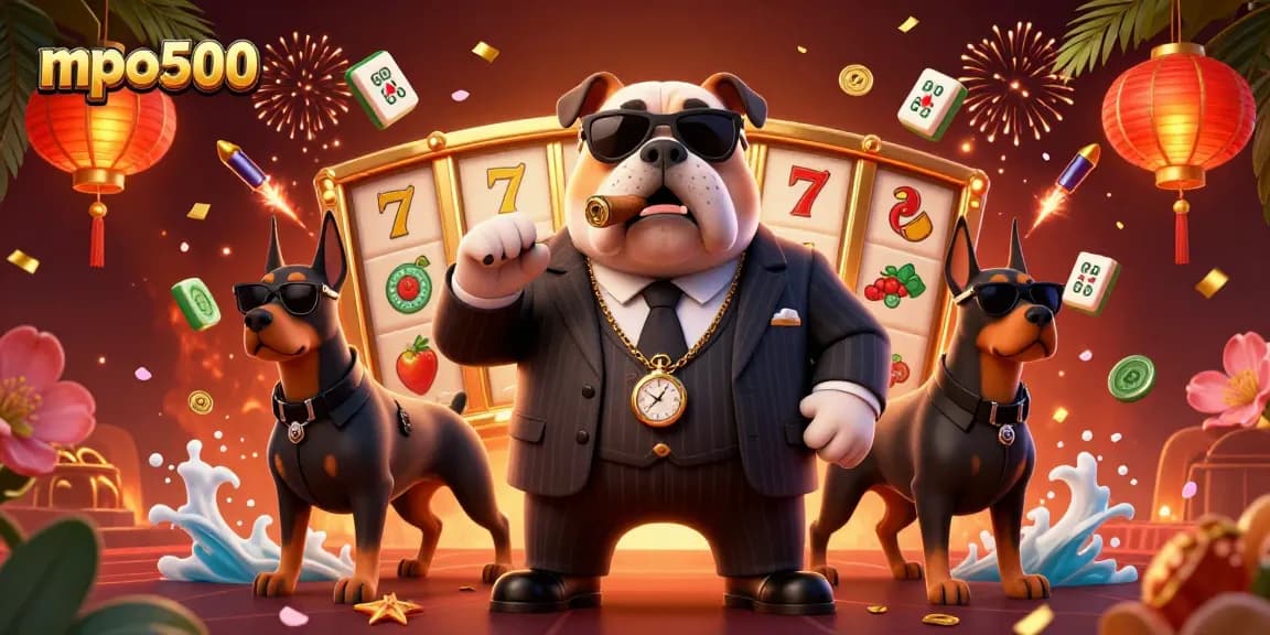 Experience thrilling gameplay with mpo500's mafia-inspired casino scene featuring slot reels and a bold bulldog boss.