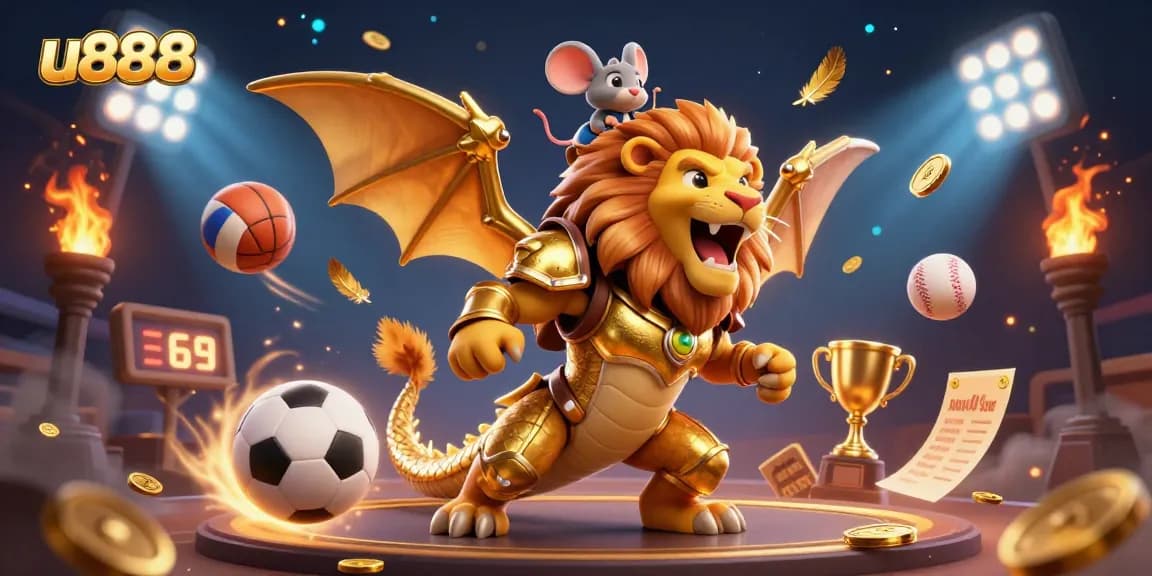 Experience the excitement of u888 gambling with a triumphant chimera surrounded by dynamic sports elements.