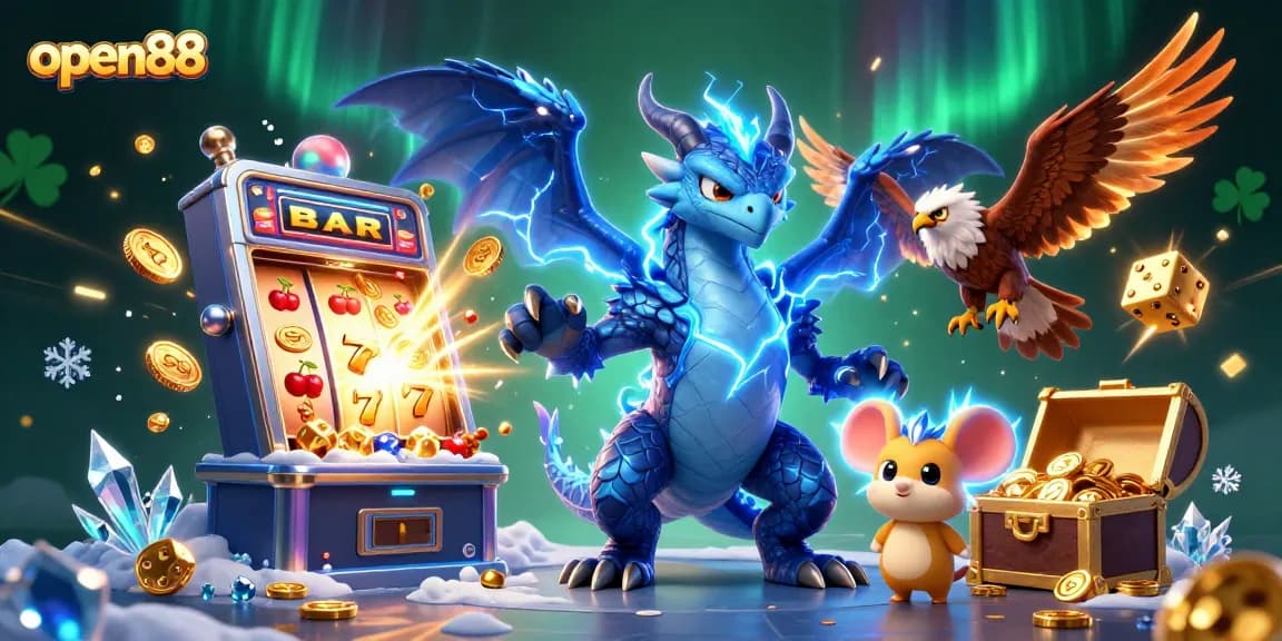 Experience thrilling jackpots at open88 with a vibrant 3D illustration of casino games and characters.
