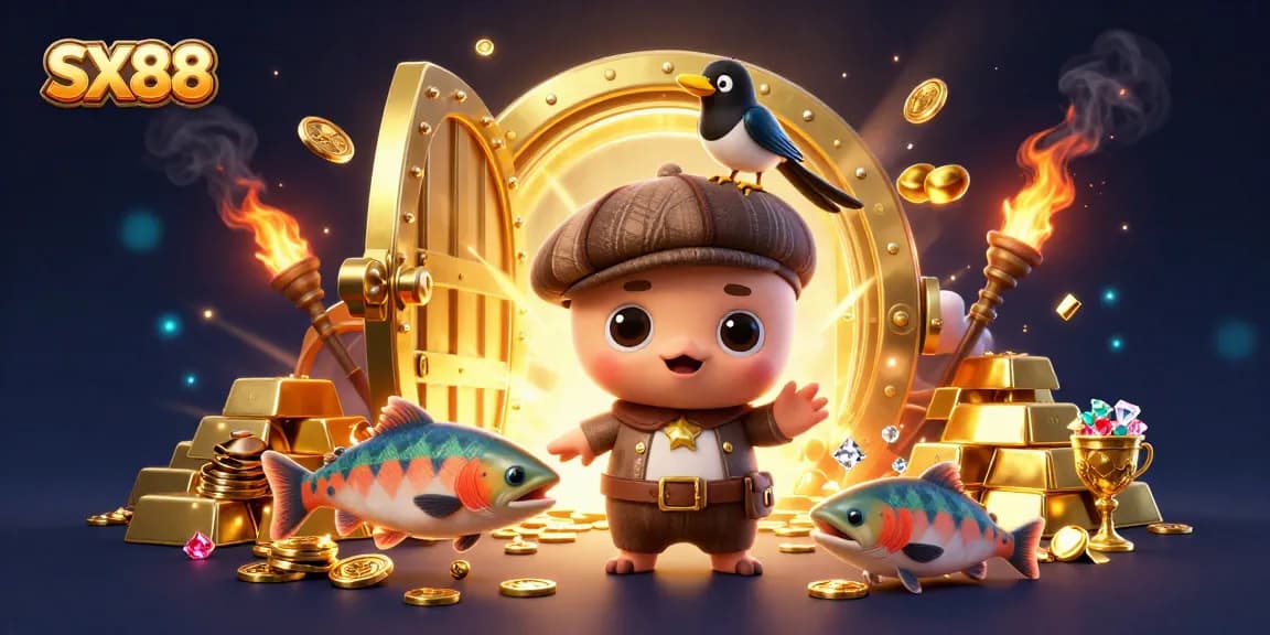 SX88's playful casino adventure scene with Nessie, gold treasures, and vibrant gaming elements.