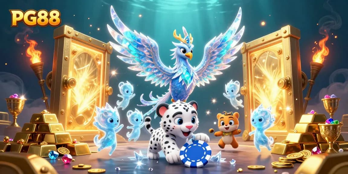 Engage with PG88's vibrant online casino game scene, showcasing enchanting characters amidst treasures.