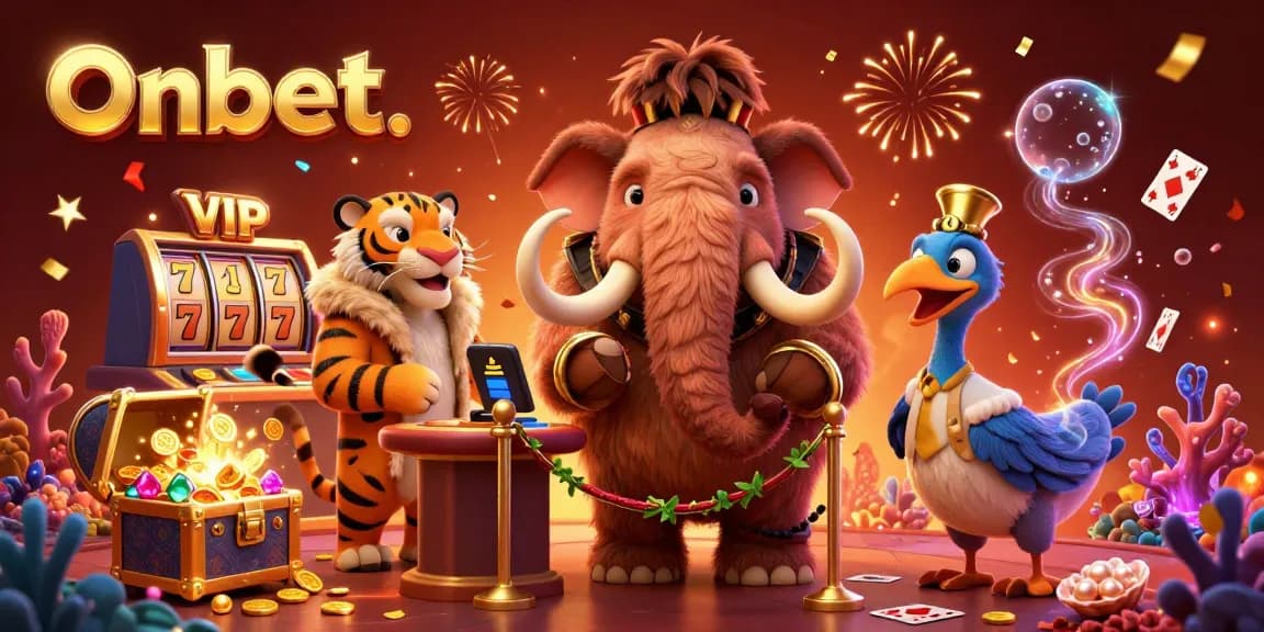 Experience Onbet's thrilling casino scene with vibrant characters and engaging slot elements.