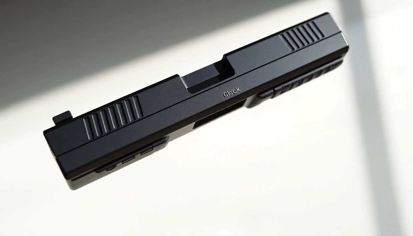 Showcasing the glock 43x mos slide with intricate details and smooth metallic texture.