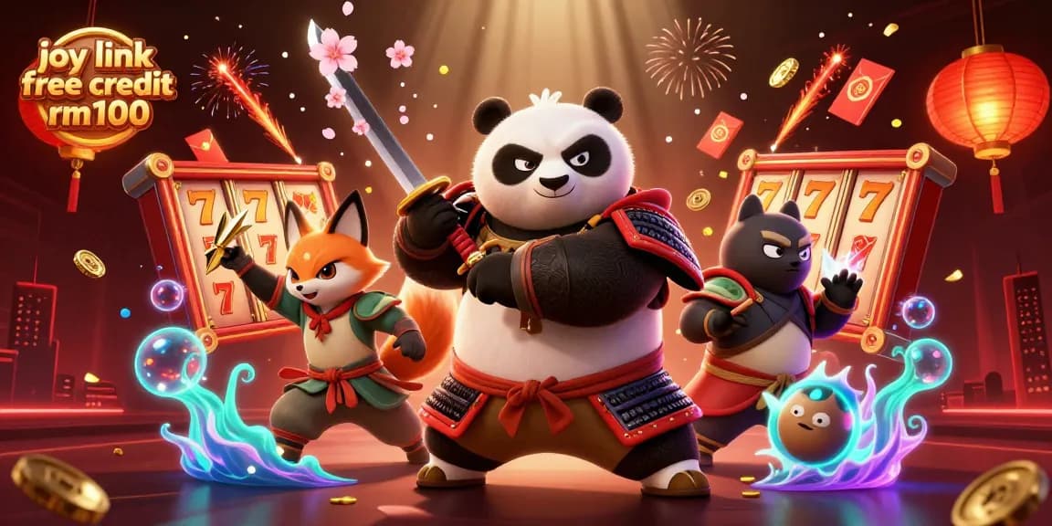 Engaging scene showcasing joy link free credit rm100 with samurai panda and ninja fox in an exciting casino atmosphere.