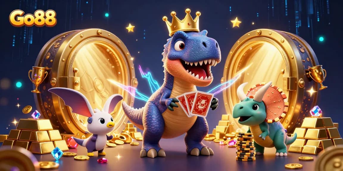 Go88 introduces an exciting casino scene where a T-Rex shuffles cards amid treasures like gold bars and jewels.
