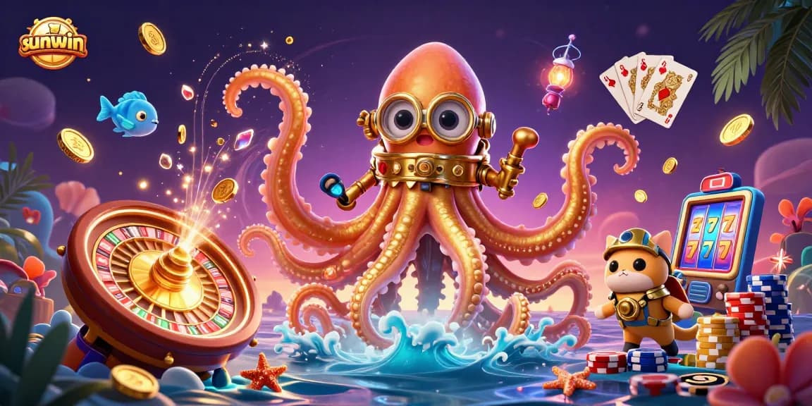 Win big with Sunwin's thrilling 3D illustration featuring a kraken, diving cat, and casino treasures.