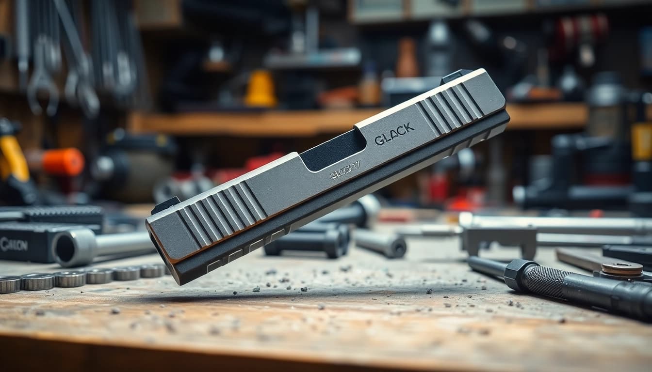 Glock 17 slide for sale showcased in a workshop with masterful detailing and tools.