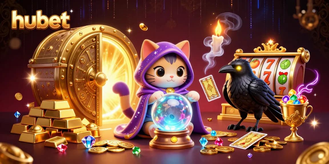 Engage in thrilling gaming adventures with hubet's mystical illustration of a fortune teller cat and raven.