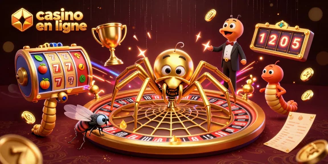 Le casino en ligne offre des paris animés avec une araignée d'or et des motifs de roulette.