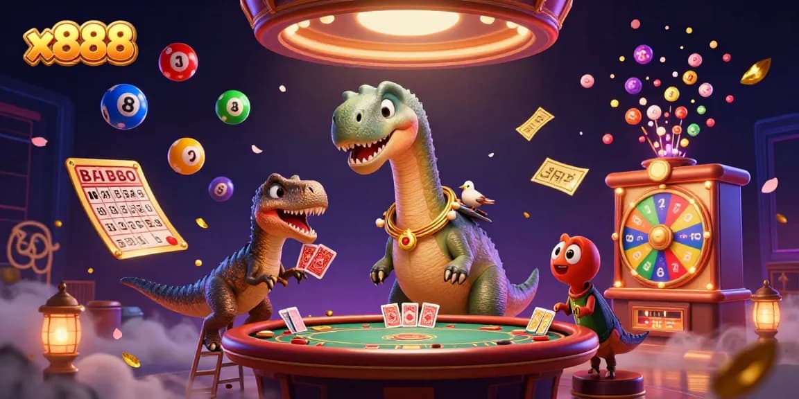 x888 invites excitement with animated lottery balls and a towering brontosaurus in a dynamic casino scene.