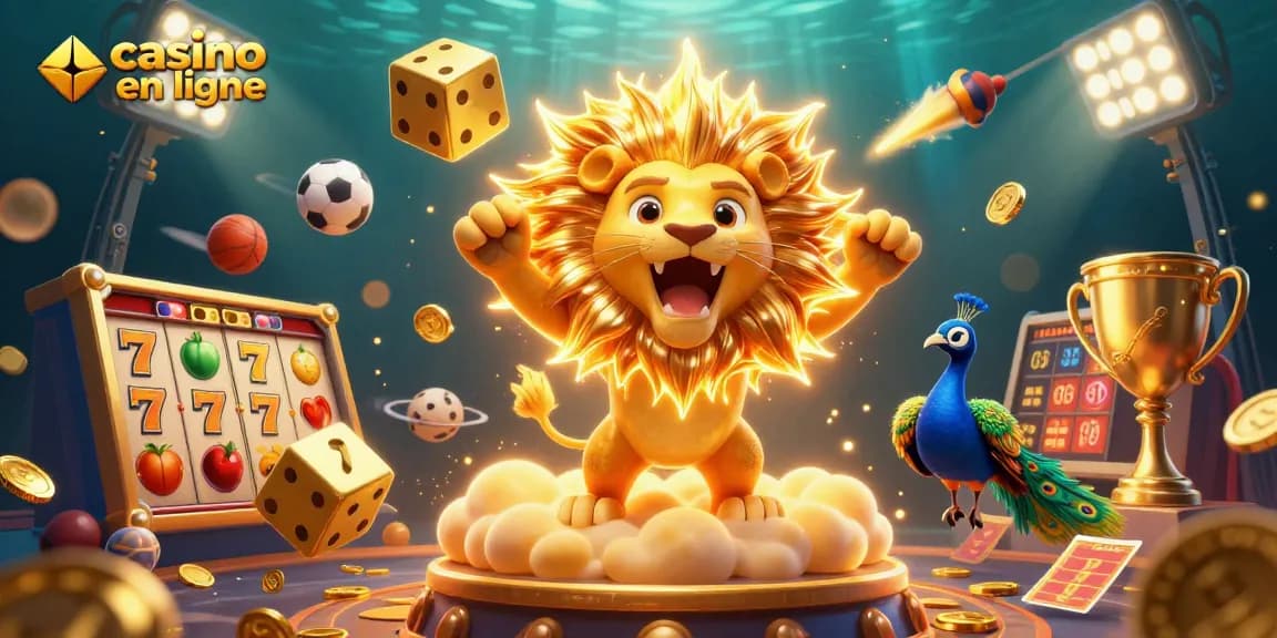 Jouer au casino en ligne : un lion solaire et des jets de dés s’envolent parmi les jackpots et les symboles de fruits.