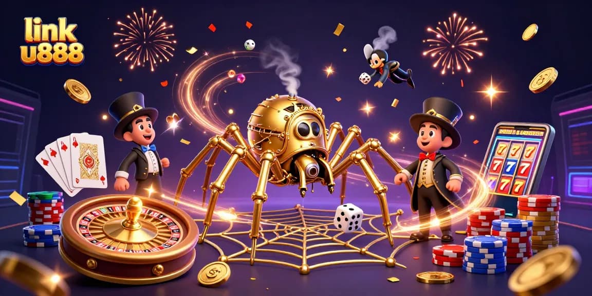 Engage with link u888 as the golden spider catches dice in a vivid casino scene.