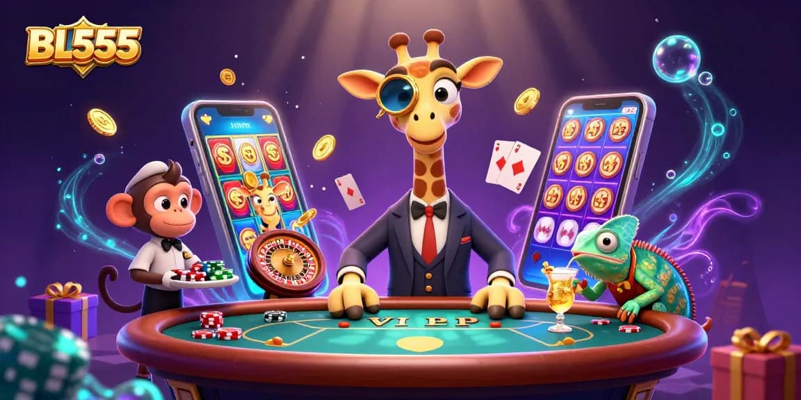 Experience thrilling gameplay at BL555 with a vibrant illustration of casino-themed characters.