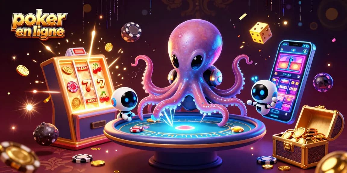 Jouez au poker en ligne avec un poulpe alien et un robot, entourés de jetons et machines à sous.