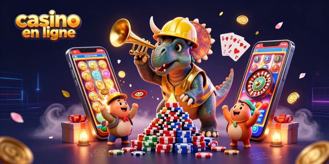 Jouez sur un casino en ligne avec un triceratops et un parasaurolophus célébrant à côté de jeux de casino vibrants.
