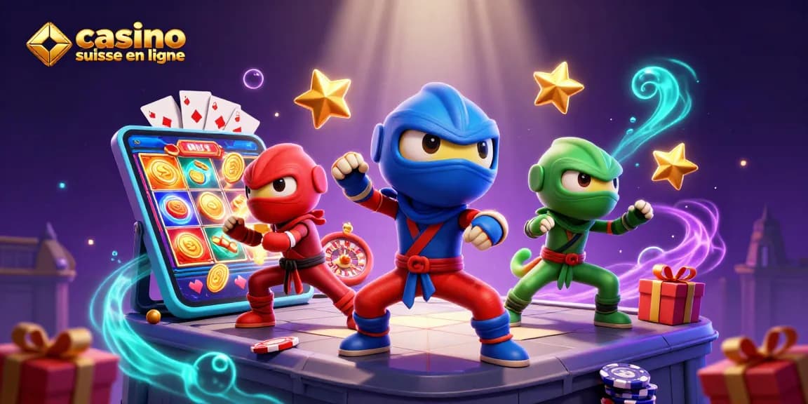 Les caméléons ninjas synchronisés animant le casino suisse en ligne avec des éclats d'or et des jeux colorés.