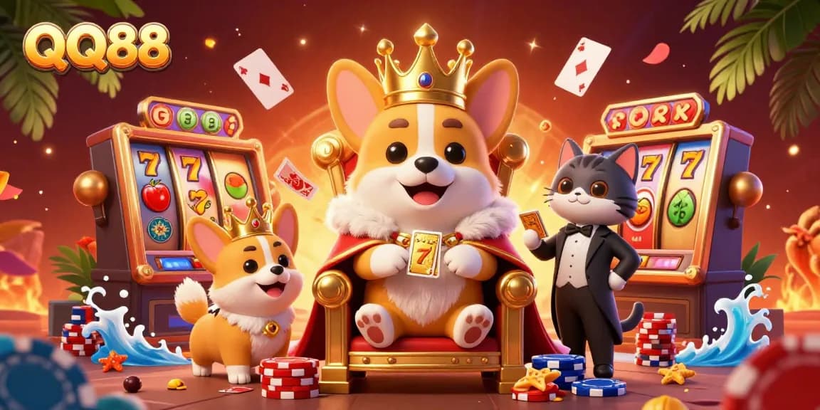 Engage with QQ88 through an imaginative casino scene filled with royal corgis, vibrant slot machines, and dynamic game elements.
