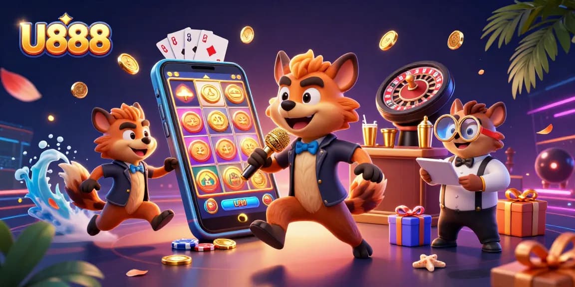 Experience the excitement of U888 with lively hyenas in a vibrant casino scene filled with games and energetic action.