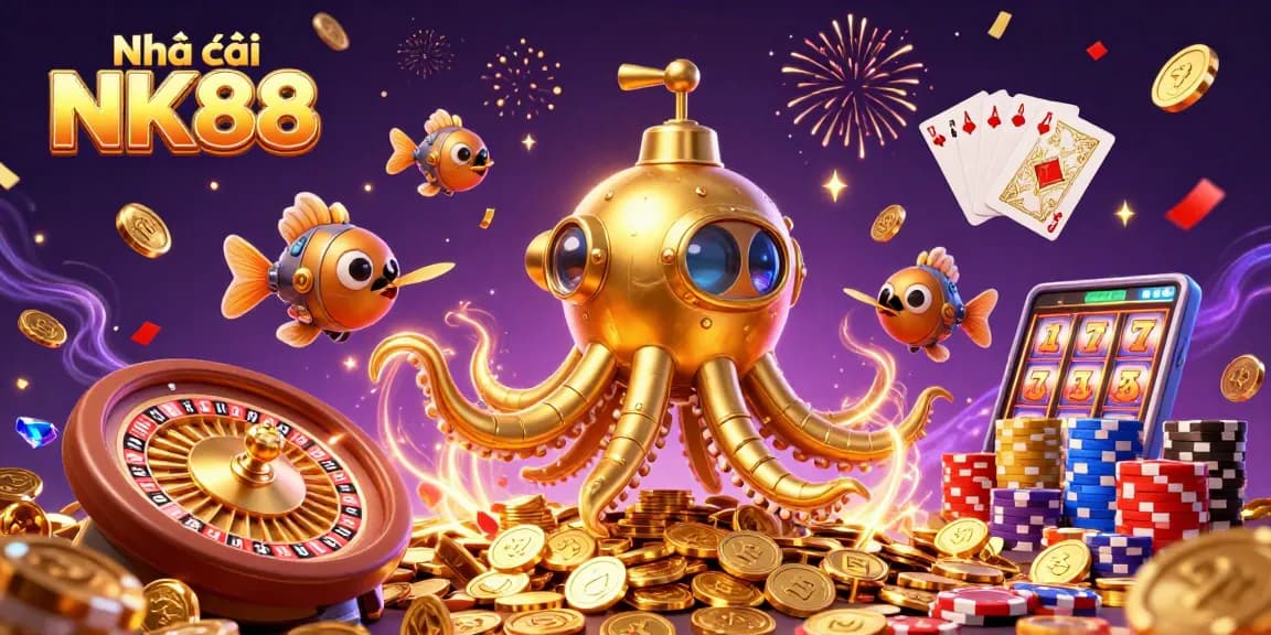 Experience excitement with Nhà cái NK88's vibrant gaming environment featuring golden treasures and thrilling casino elements.