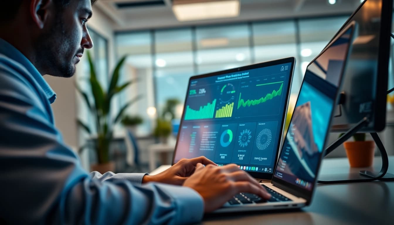 Monitor showcasing cyber essentials certification data in a professional office setting.